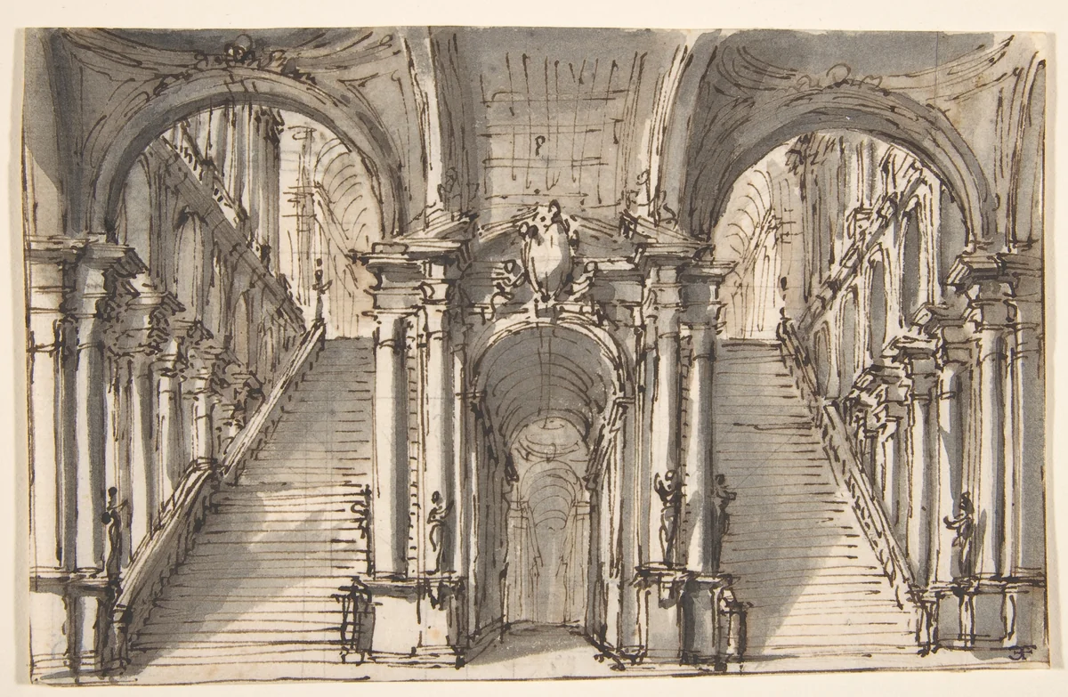 Design for a Stage Set: Double Stairway Pierced by an Arcade (recto); Slight Sketch (verso) by Giovanni Battista Natali, drawing, 1698-1765