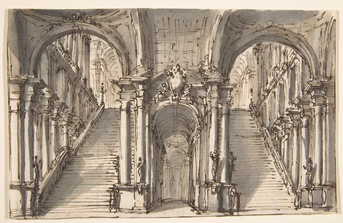 Design for a Stage Set: Double Stairway Pierced by an Arcade (recto); Slight Sketch (verso) by Giovanni Battista Natali, drawing, 1698-1765