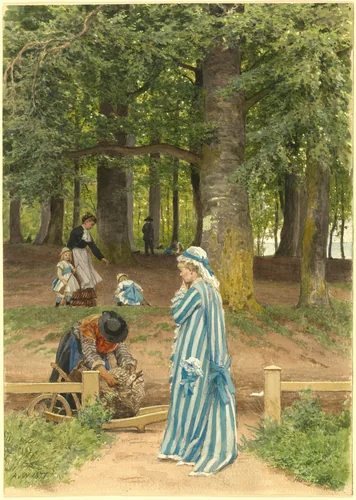 The Artist's Wife and Daughters in a Park at Heringsdorf by Anton von Werner, drawing, 1877