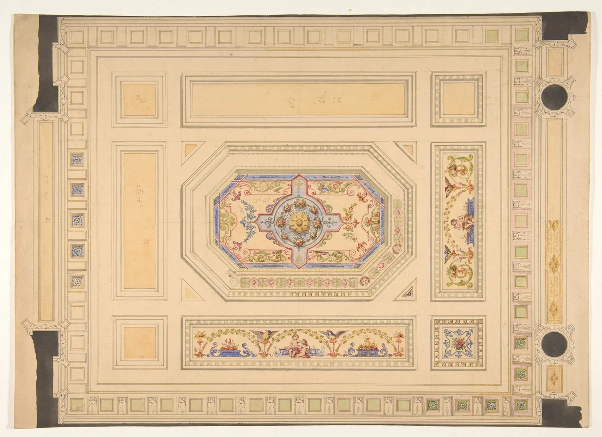 Design for a paneled ceiling painted with putti, birds, and floral motifs by Jules-Edmond-Charles Lachaise, drawing, 1820-1897