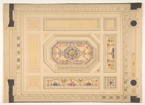 Design for a paneled ceiling painted with putti, birds, and floral motifs by Jules-Edmond-Charles Lachaise, drawing, 1820-1897