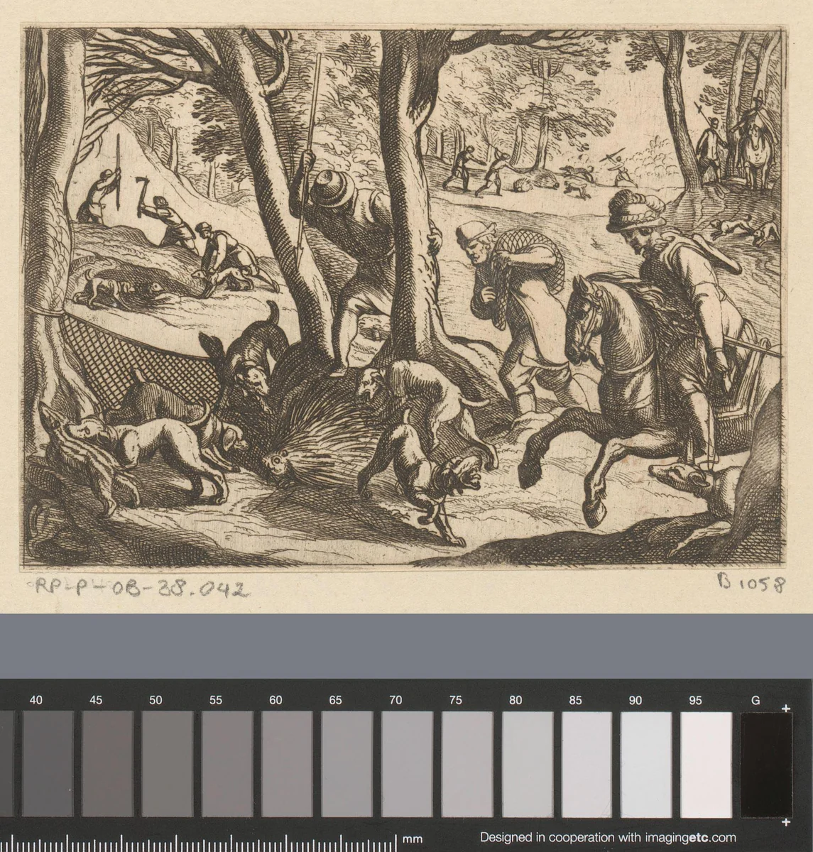 Jacht met netten op een stekelvarken by Antonio Tempesta, print, 1598