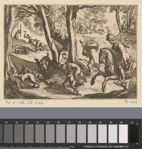 Jacht met netten op een stekelvarken by Antonio Tempesta, print, 1598