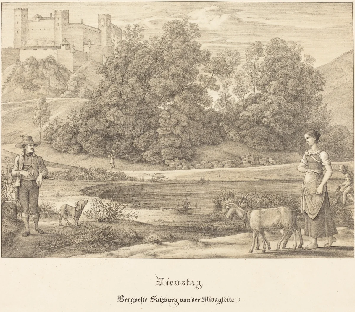 Dienstag - Bergveste Salzburg vor der Mittagseit (Tuesday - The Castle of Salzburg from the Noontime Side) by Ferdinand Olivier, print, 1823