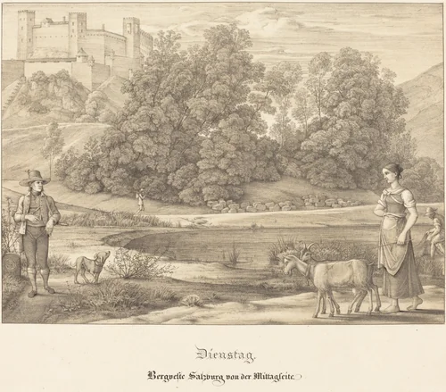 Dienstag - Bergveste Salzburg vor der Mittagseit (Tuesday - The Castle of Salzburg from the Noontime Side) by Ferdinand Olivier, print, 1823