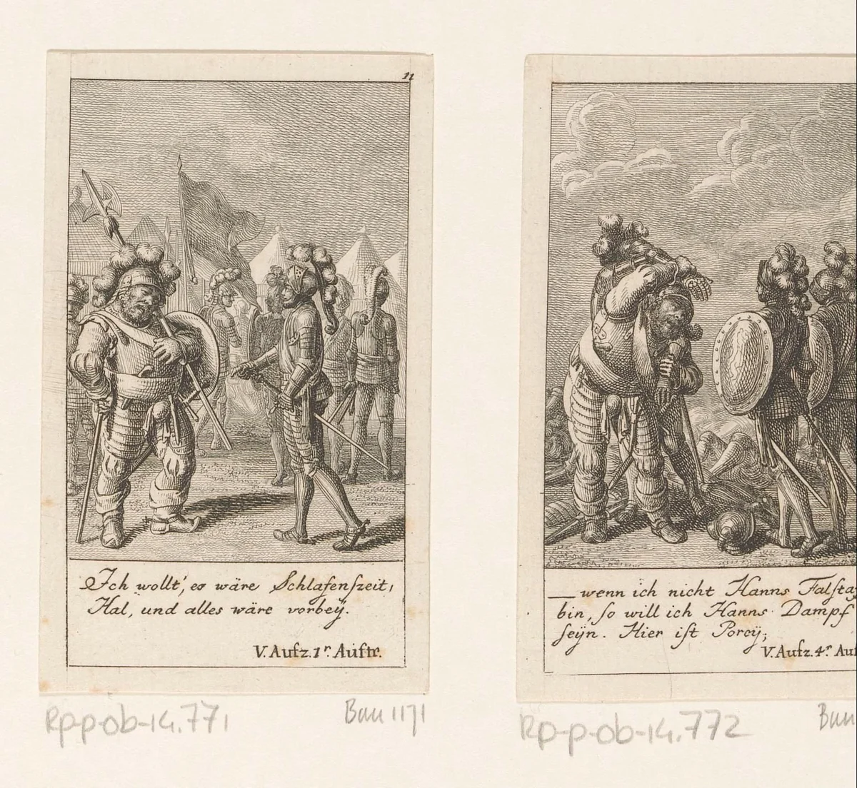 Vermoeide Falstaff voor Henry op het slagveld by Daniel Nikolaus Chodowiecki, print, 1785