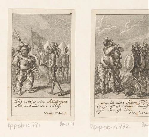 Vermoeide Falstaff voor Henry op het slagveld by Daniel Nikolaus Chodowiecki, print, 1785