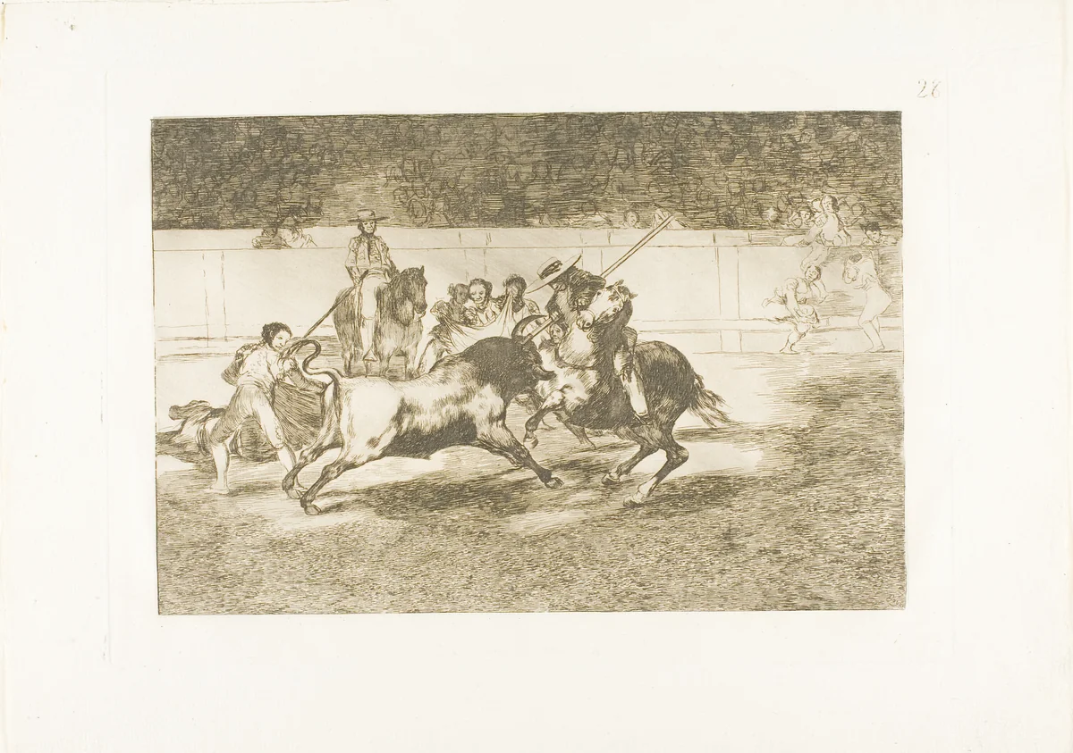 The Forceful Rendón Stabs a Bull with the Pique, from which Pass He Died in the Ring at Madrid, plate 28 from The Art of Bullfighting by Francisco José de Goya, print, 1814-1816