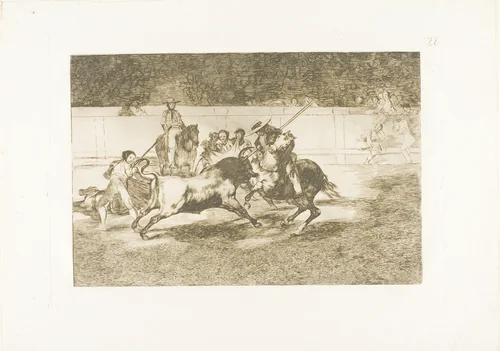 The Forceful Rendón Stabs a Bull with the Pique, from which Pass He Died in the Ring at Madrid, plate 28 from The Art of Bullfighting by Francisco José de Goya, print, 1814-1816