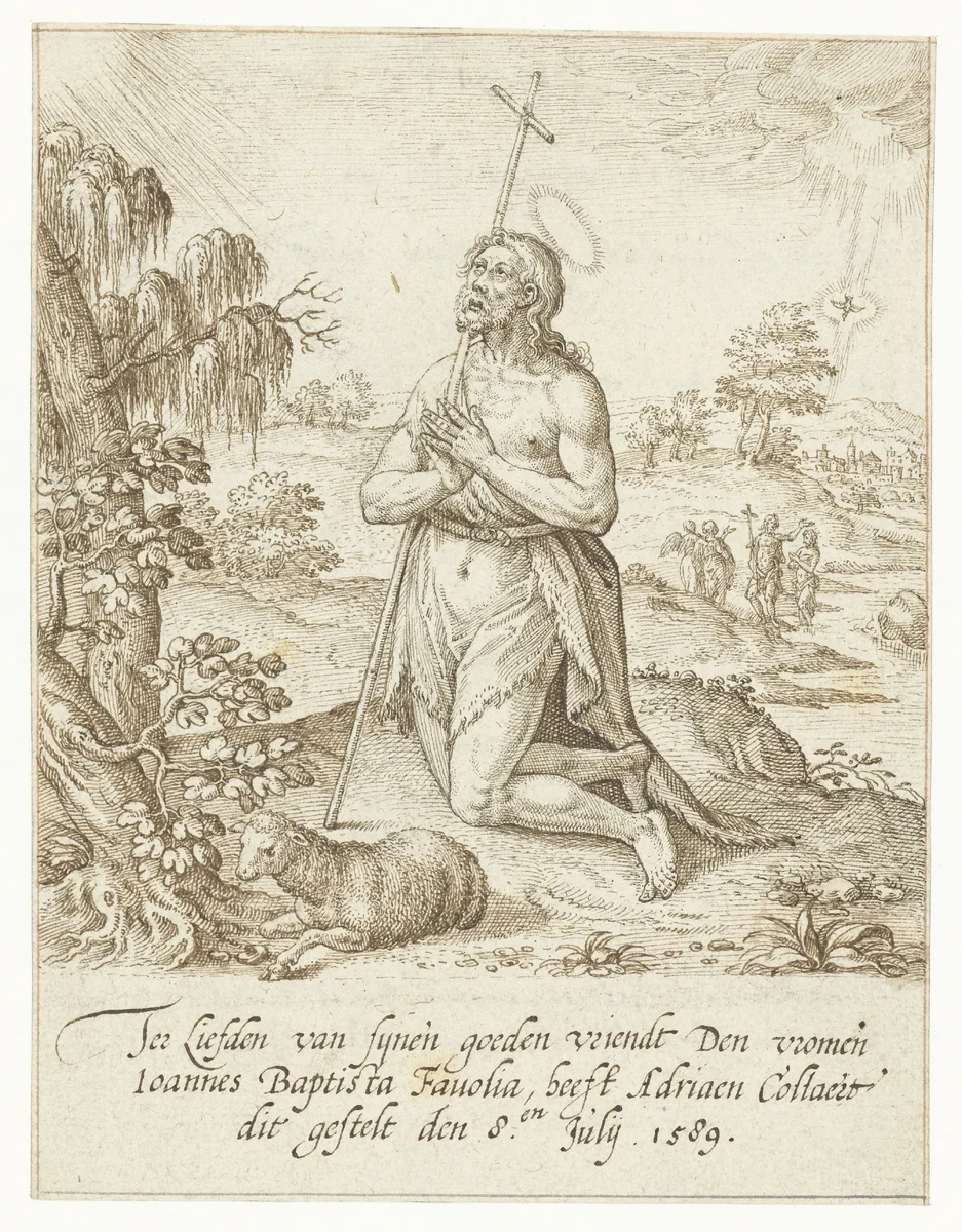 Johannes de Doper geknield in gebed by Adriaen Collaert, drawing, 1589