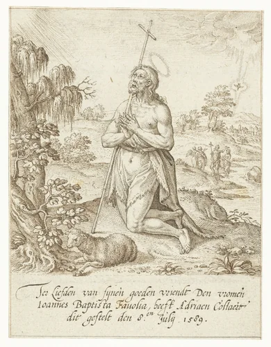 Johannes de Doper geknield in gebed by Adriaen Collaert, drawing, 1589