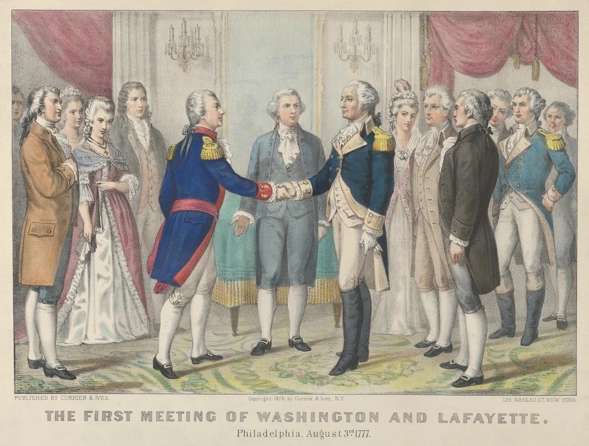 The First Meeting of Washington and Lafayette—Philadelphia, August 3rd, 1777 by Currier & Ives, print, 1876