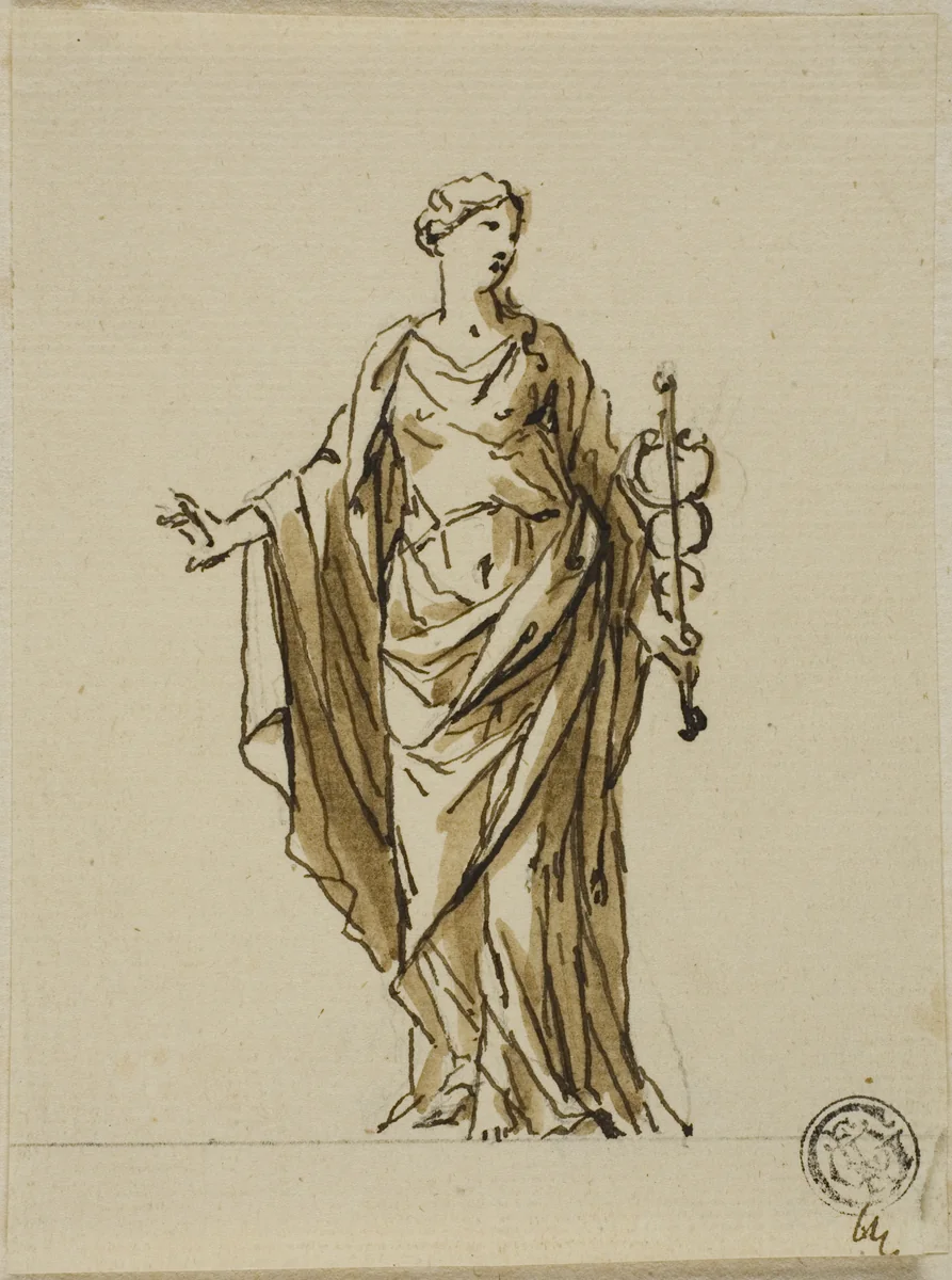 Standing Allegorical Figure with Caduceus (Peace?) by John Michael Rysbrack, drawing, 1713-1770