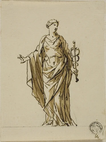 Standing Allegorical Figure with Caduceus (Peace?) by John Michael Rysbrack, drawing, 1713-1770