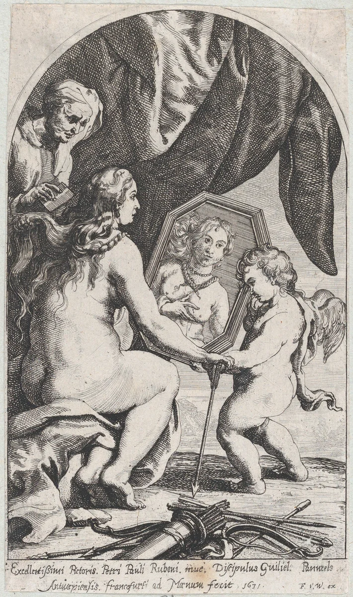 Venus before a mirror held by Cupid while her hair is combed by an old woman by Willem Panneels, print, 1631