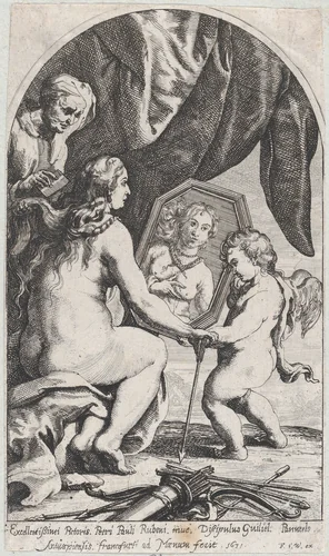 Venus before a mirror held by Cupid while her hair is combed by an old woman by Willem Panneels, print, 1631