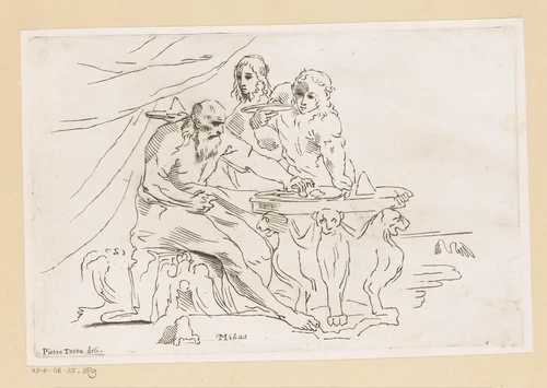 Midas krijgt spijzen voorgezet by anonymous, print, 1650-1750