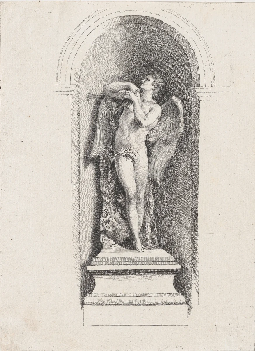 Standing male angel looking up and holding a flute; after Fontaine des Quatre-Saisons (Paris) by anonymous, print, 1745-1800