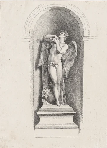 Standing male angel looking up and holding a flute; after Fontaine des Quatre-Saisons (Paris) by anonymous, print, 1745-1800