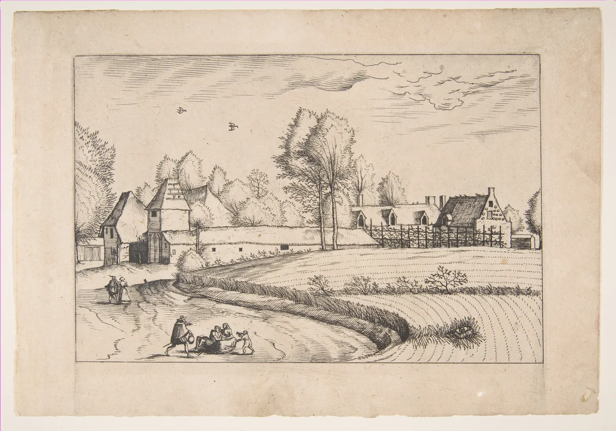 Country Houses, couple and cornfield in the foreground, from the series The Small Landscapes (Praediorum Villarum) by The Master of the Small Landscapes, print, 1559-1561