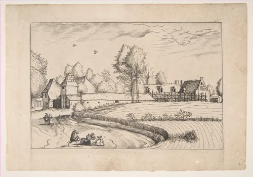 Country Houses, couple and cornfield in the foreground, from the series The Small Landscapes (Praediorum Villarum) by The Master of the Small Landscapes, print, 1559-1561