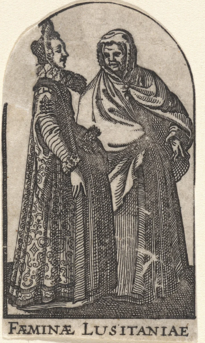 Elegant geklede vrouw en gesluierde vrouw by Claes Jansz Visscher, print, 1596-1630