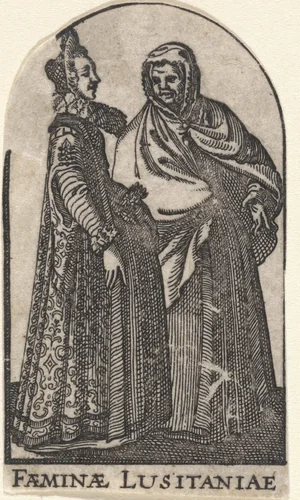 Elegant geklede vrouw en gesluierde vrouw by Claes Jansz Visscher, print, 1596-1630