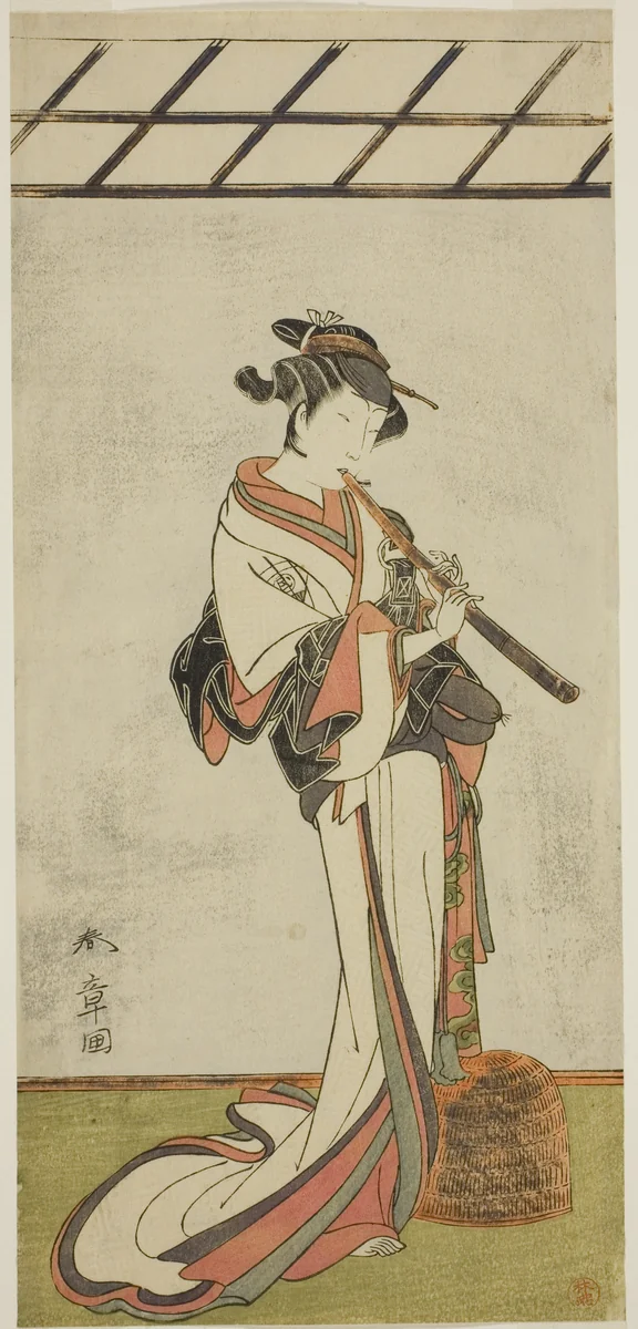 The Actor Onoe Tamizo I as Oiso no Tora or Kewaizaka no Shosho, Disguised as a Female Komusu (?), in the Play Yui Kanoko Date-zome Soga (?), Performed at the Ichimura Theater (?) in the First Month, 1774 (?) by Katsukawa Shunsho (勝川 春章), print, 1769-1779