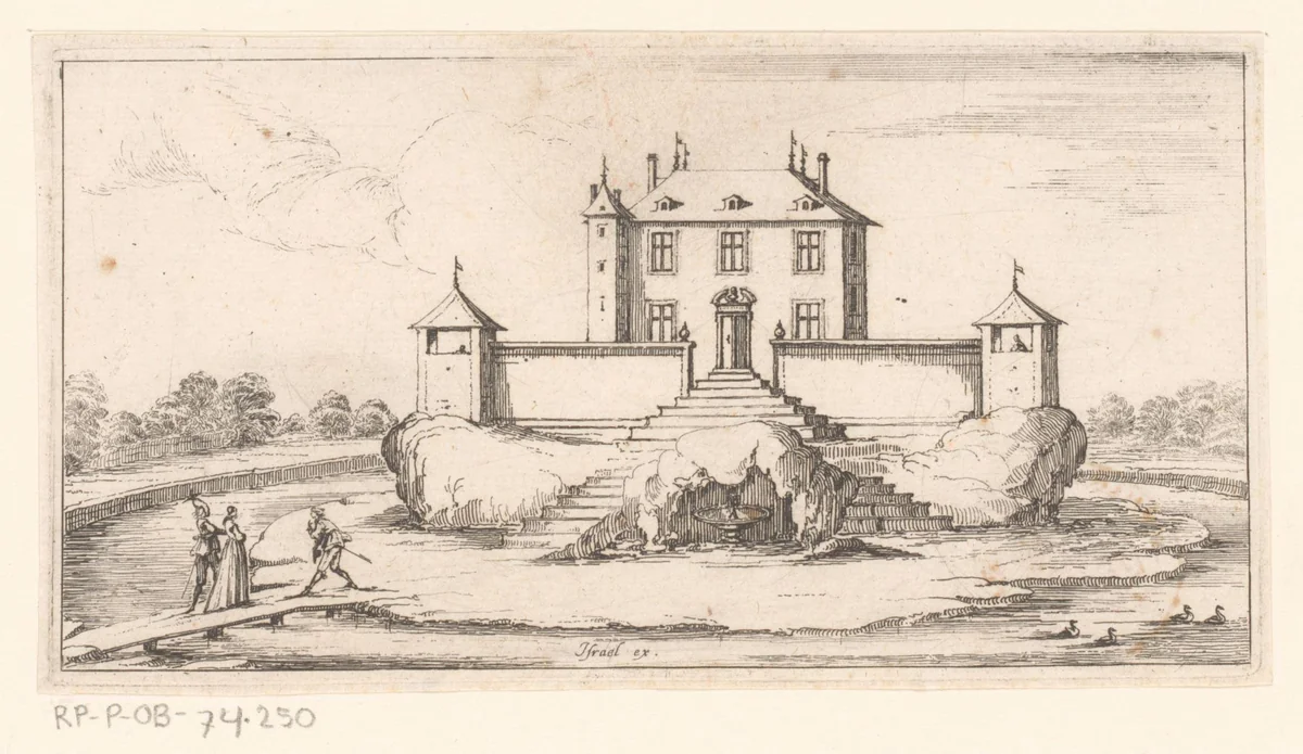 Huis omringd door gracht en muren met wachttorens by Israël Silvestre, print, 1631-1661
