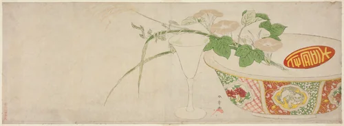Plants, Porcelain Bowl, and Glass Goblet by Katsukawa Shunsho (勝川 春章), print, 1784-1794