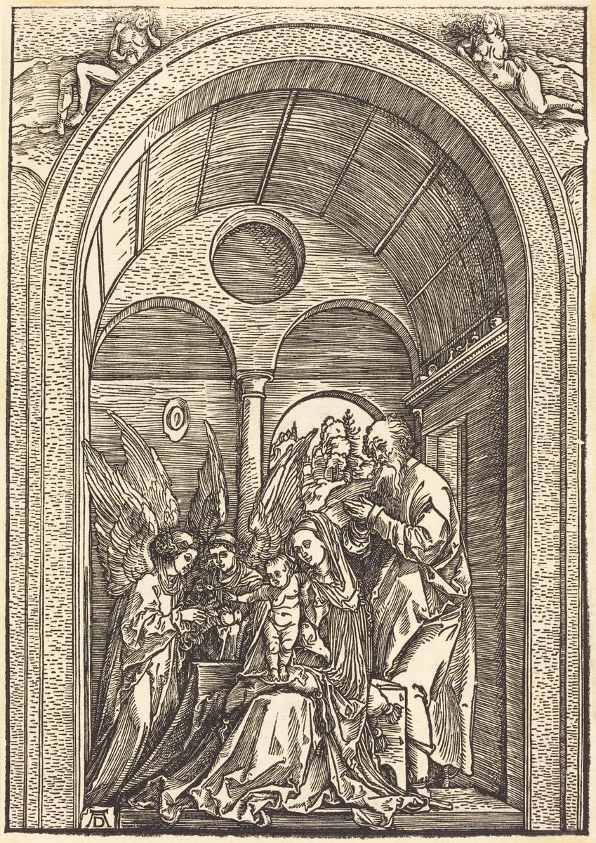 The Holy Family with Two Angels in a Vaulted Hall by Albrecht Dürer, print, 1504