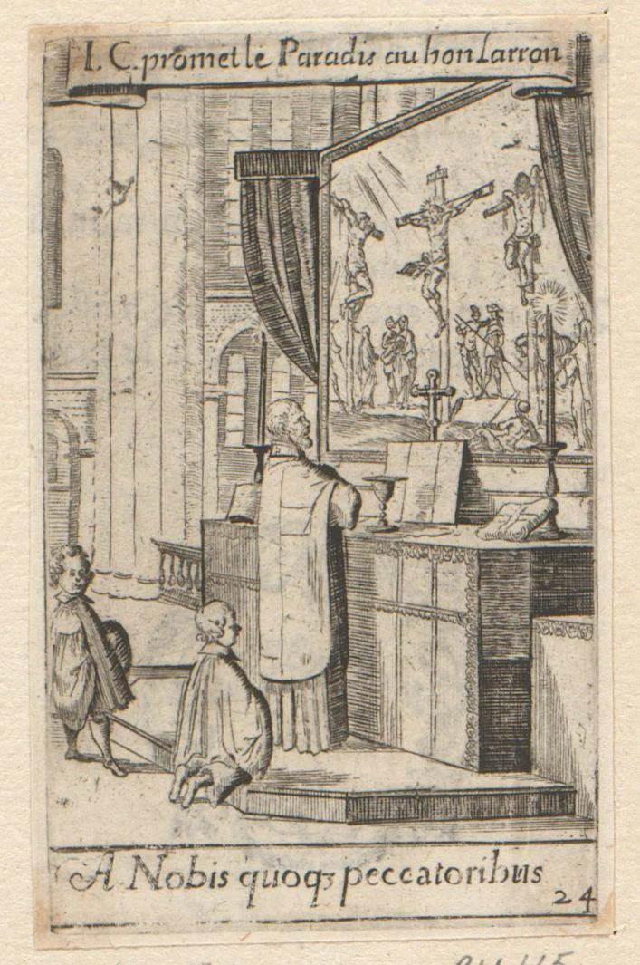 Priester met twee misdienaars voor een altaar by Sébastien Leclerc, print, 1661