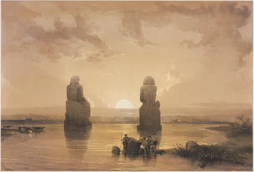 Egypt and Nubia, Volume II: Statues of Memnon at Thebes, during the Inundation by Louis Haghe, print, 1848