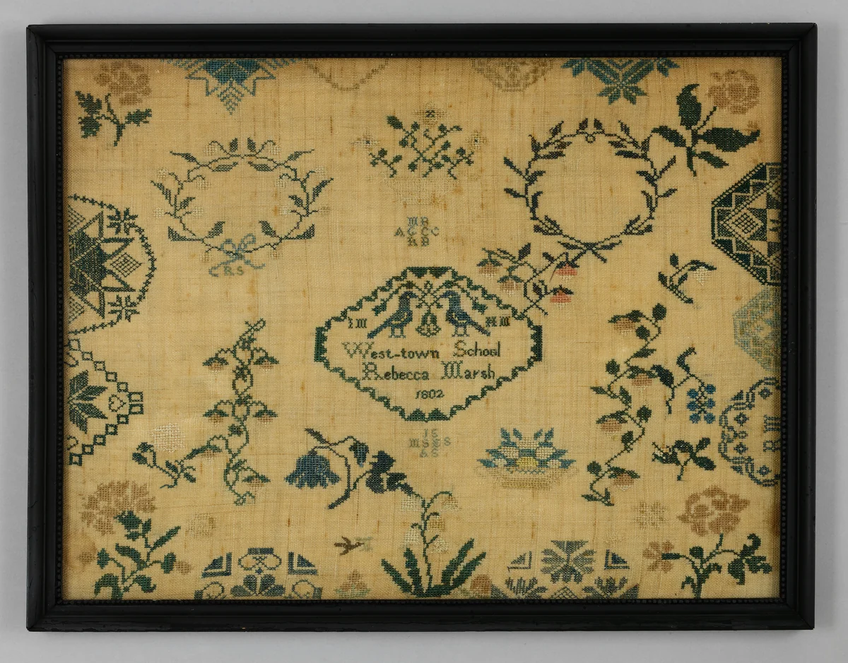 Sampler made at the Westtown Quaker School by Rebecca Marsh, artwork, 1802