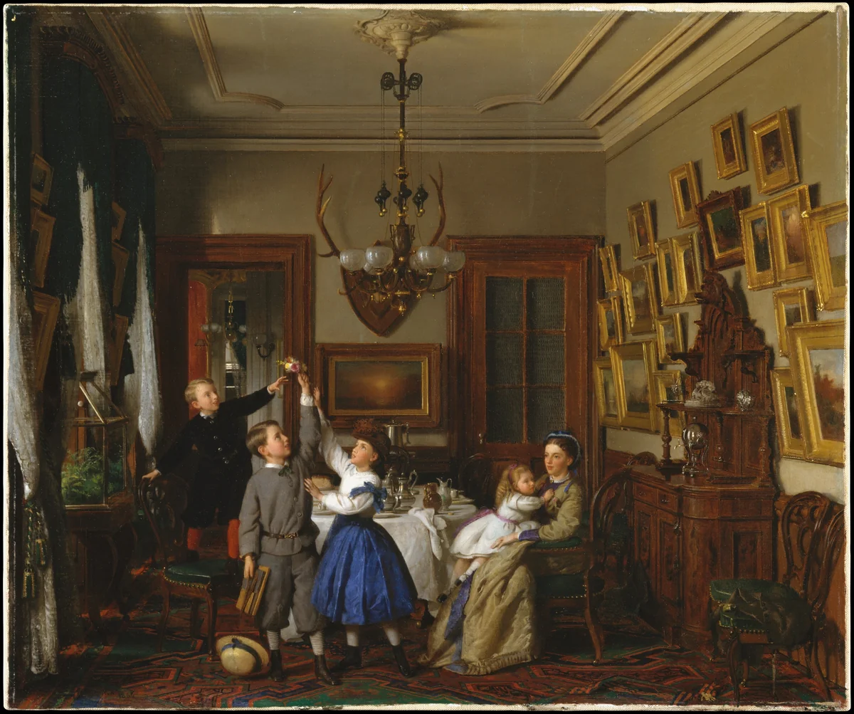 The Contest for the Bouquet: The Family of Robert Gordon in Their New York Dining-Room by Seymour Joseph Guy, artwork, 1866