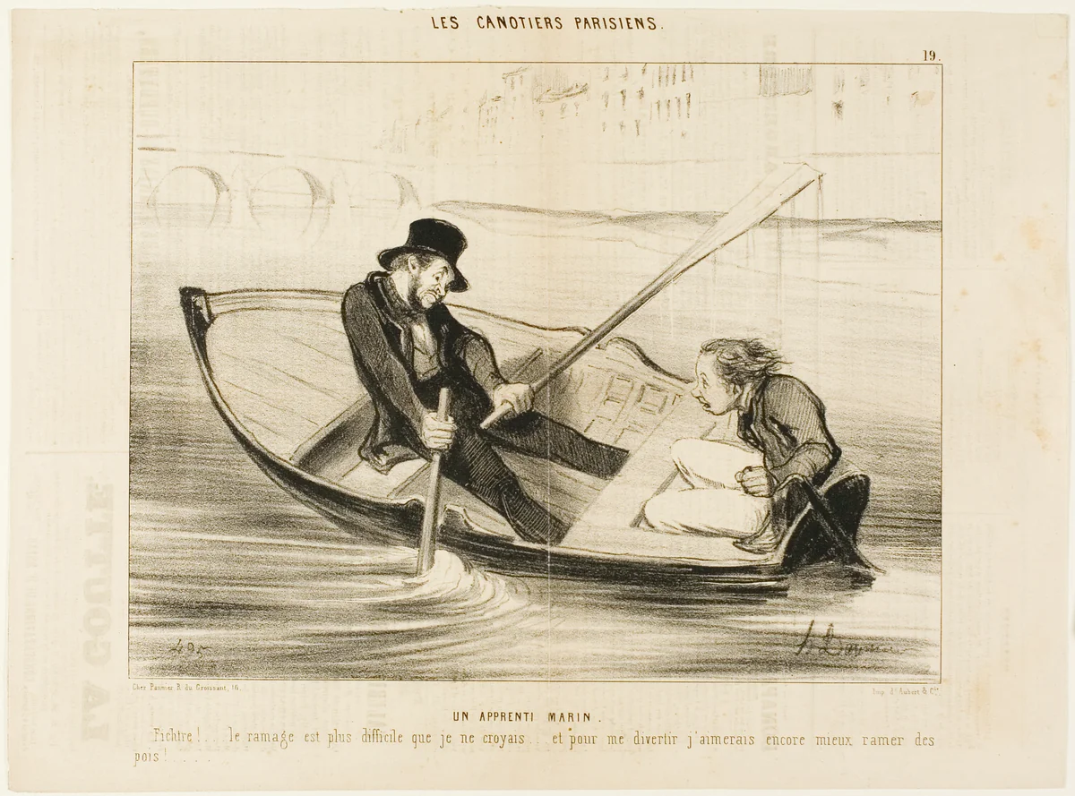 The Novice Sailor. “Devil... rowing is much more difficult than I thought! And to really enjoy myself I would rather stick peas.,” plate 19 from Les Canotiers Parisiens by Honoré-Victorin Daumier, print, 1843