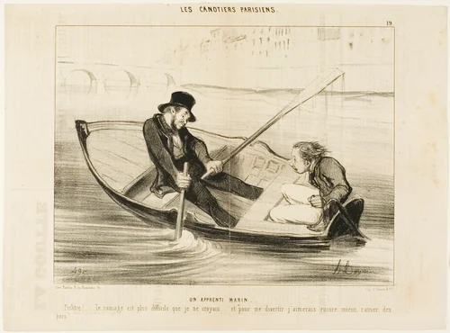 The Novice Sailor. “Devil... rowing is much more difficult than I thought! And to really enjoy myself I would rather stick peas.,” plate 19 from Les Canotiers Parisiens by Honoré-Victorin Daumier, print, 1843