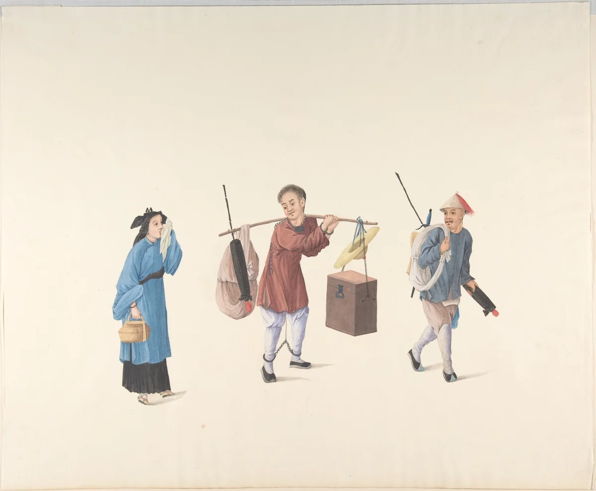 Chinese Woman, Man with Legs Chained and Another Carrying Parasol and Bundle by anonymous, drawing, 1800-1900