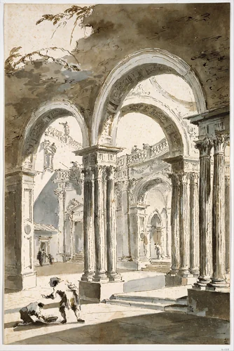 A Colonnade, Partly Ruined, with Figures by Francesco Guardi, drawing, 1777-1793