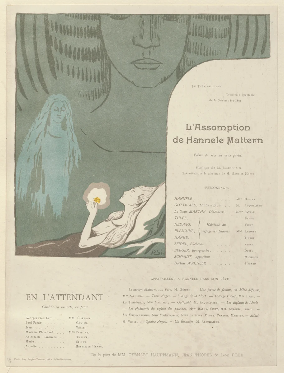 Program for The Assumption of Hannele Mattern (L'Assomption de Hannele Mattern) and Waiting for Him (En l'attendant) from The Beraldi Album of Theatre Programs by Paul Sérusier, print, 1894