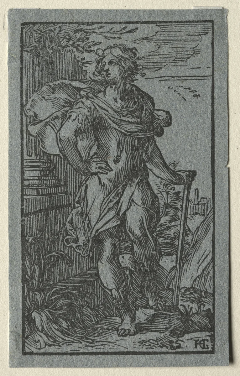 Young Man Standing with a Cane by Hendrick Goltzius, print, 1593-1603