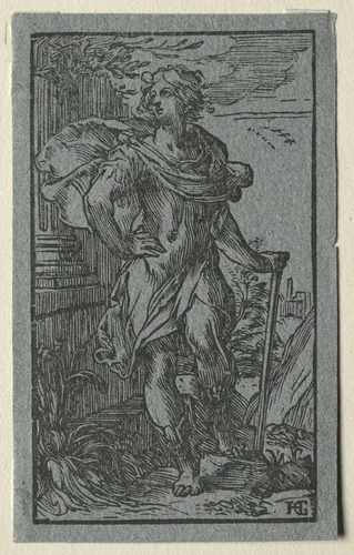 Young Man Standing with a Cane by Hendrick Goltzius, print, 1593-1603