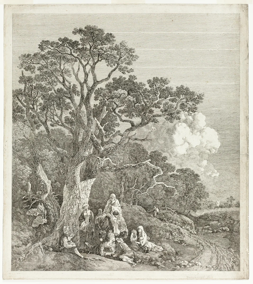 Wooded Landscape with Gypsies Gathered Round a Fire by Thomas Gainsborough, print, 1753-1754