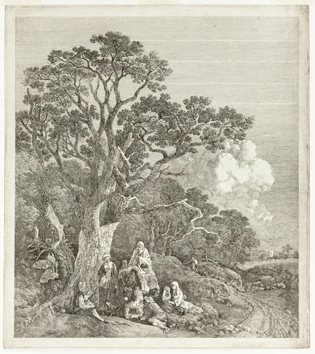 Wooded Landscape with Gypsies Gathered Round a Fire by Thomas Gainsborough, print, 1753-1754