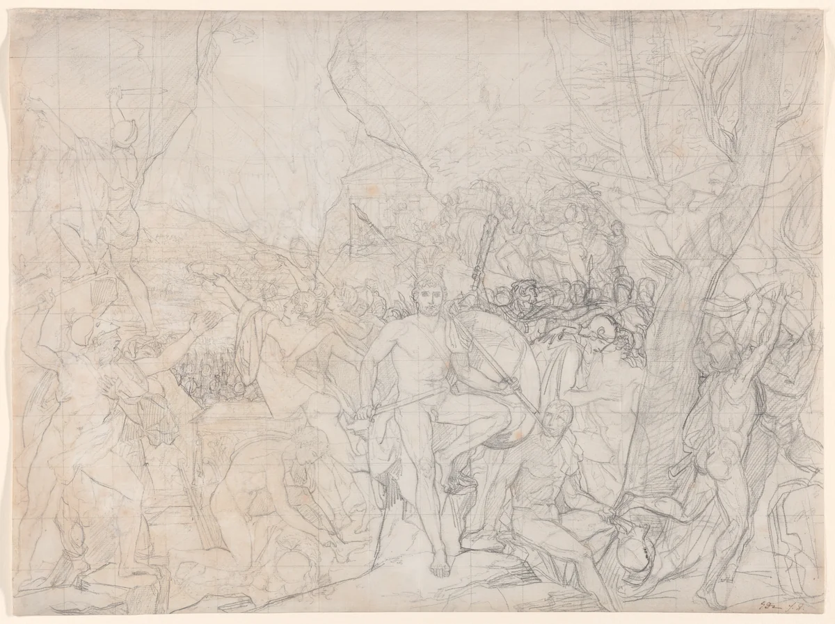 Leonidas at Thermopylae by Jacques-Louis David, drawing, 1807-1817