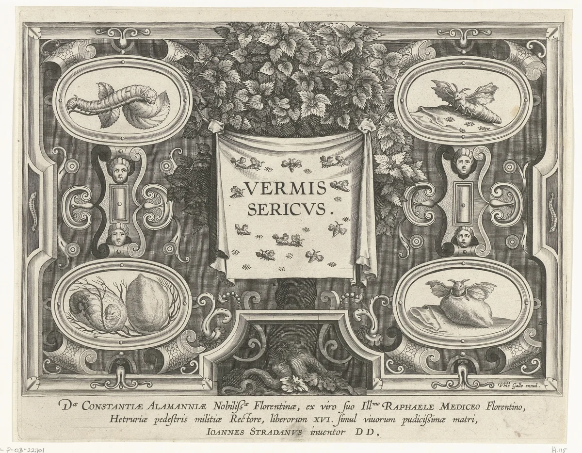 Titelprent voor: Vermis Sericus by Karel van Mallery, print, 1595