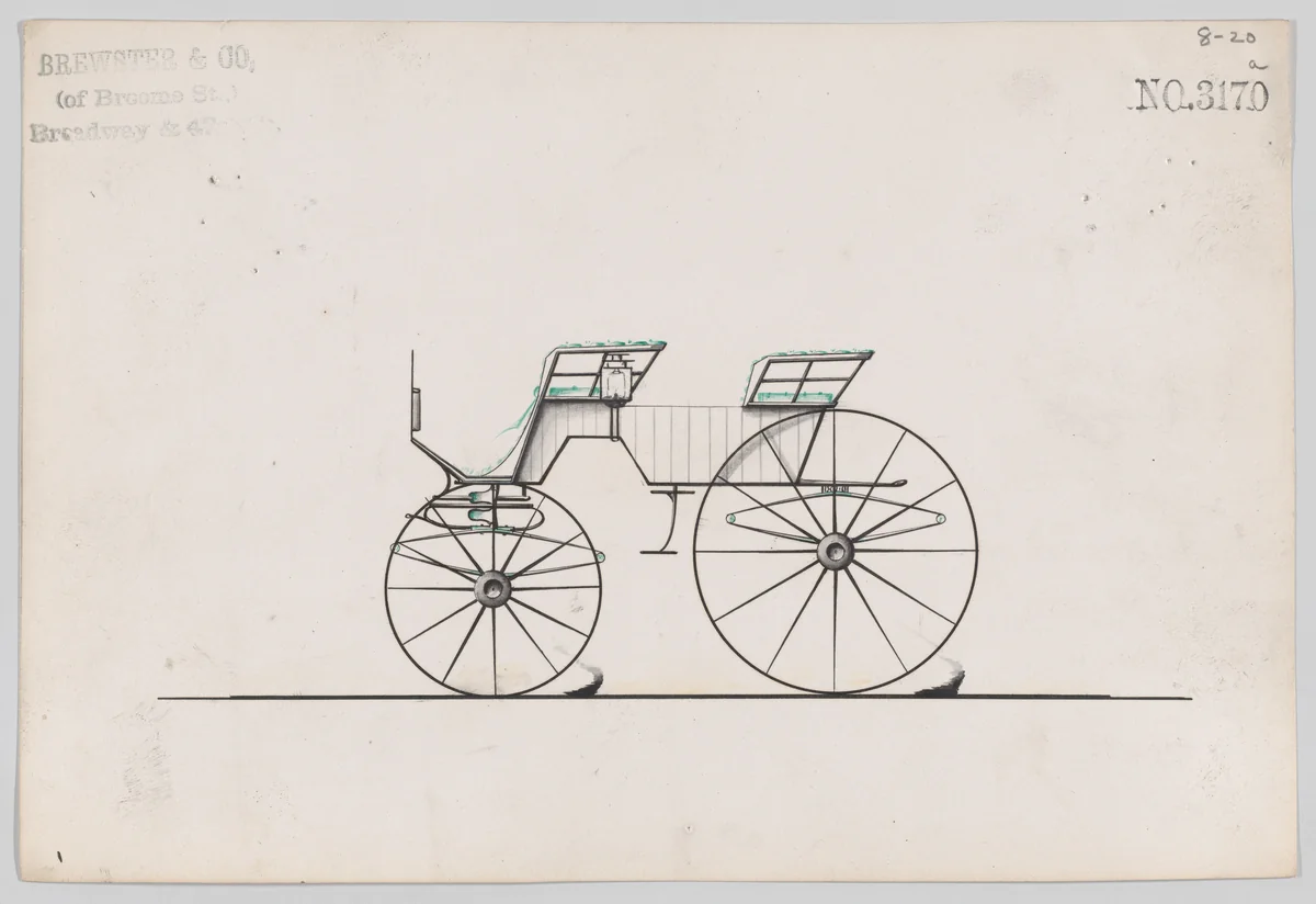 Design for 4 seat Phaeton, no top, no. 3170a by Brewster & Co., drawing, 1875