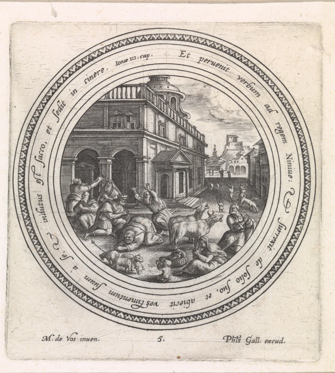 De koning van Nineve doet boete by Crispijn van de Passe, print, 1580-1588