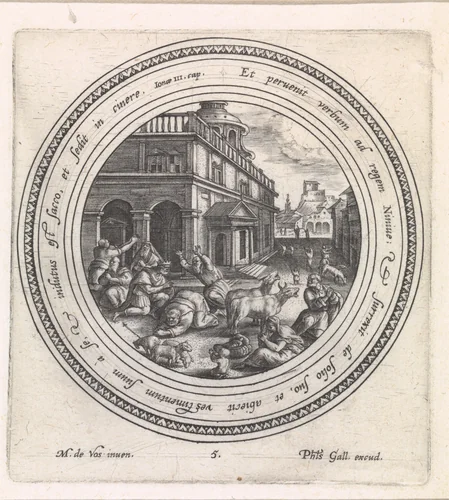 De koning van Nineve doet boete by Crispijn van de Passe, print, 1580-1588