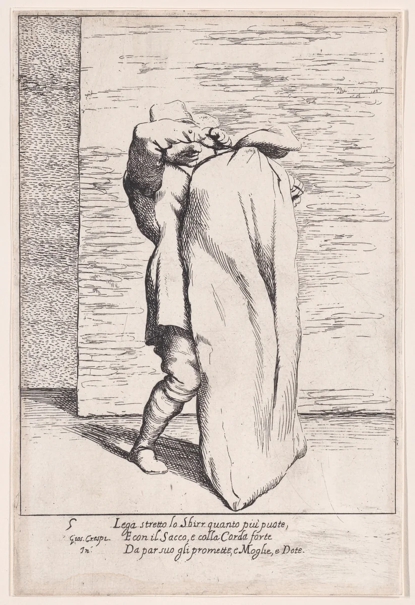 Plate 5: Bertoldo putting the jailor into the sack, from "Bertoldo, Bertoldino, and Cacasenno" by Giuseppe Maria Crespi, print, 1705-1715
